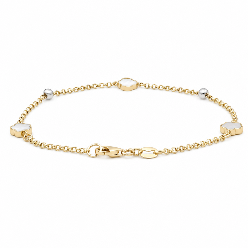 14K Yellow and White Gold Women's Bracelet Flower With Mother of Pearl Stone / Size: 7.50" / Weight: 2.6 GR / 000-09500