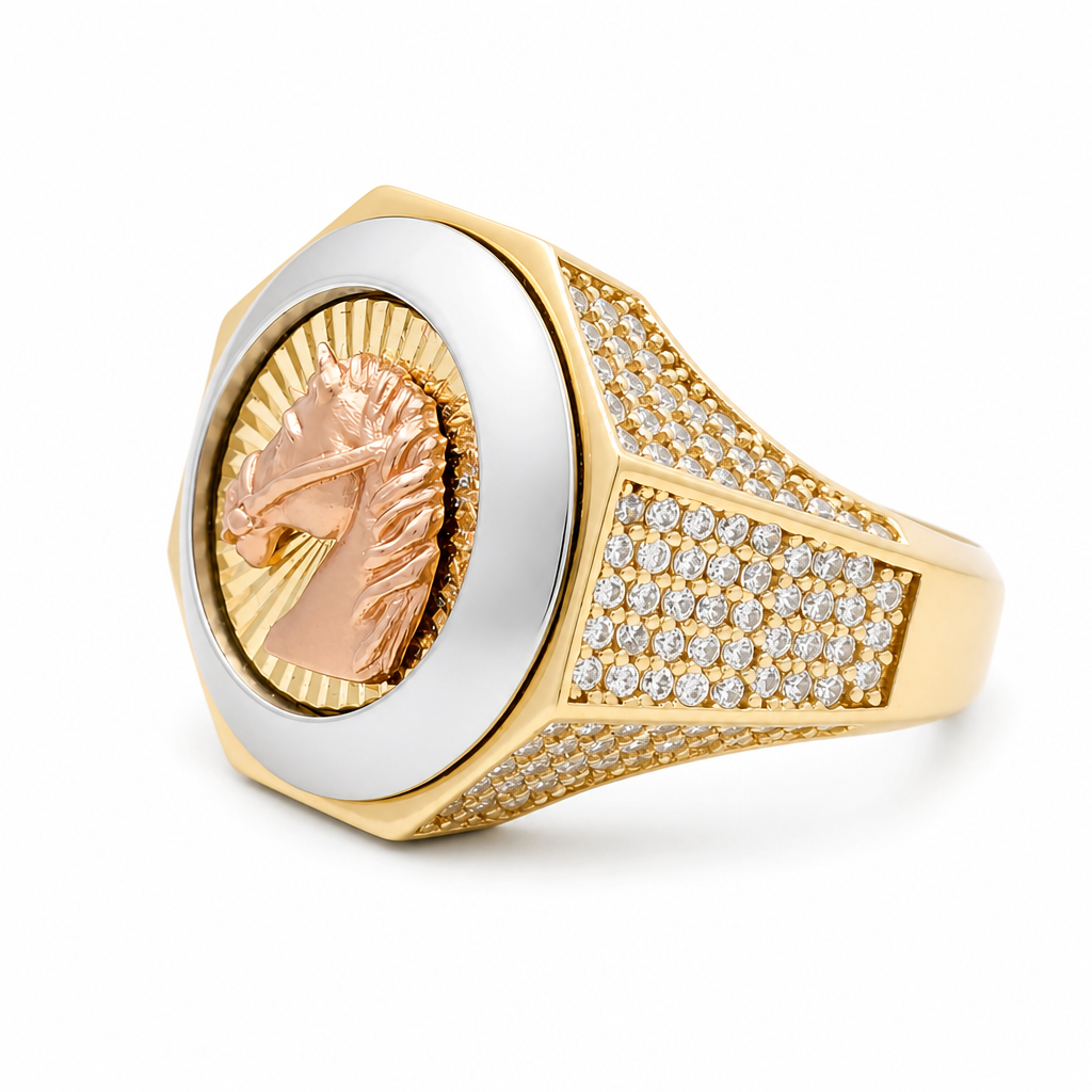 14K Yellow, White and Rose Horse Men's Ring with Cz / Size: 9.5 / Weight: 9.1 GR / COMR4RED3THRCZ
