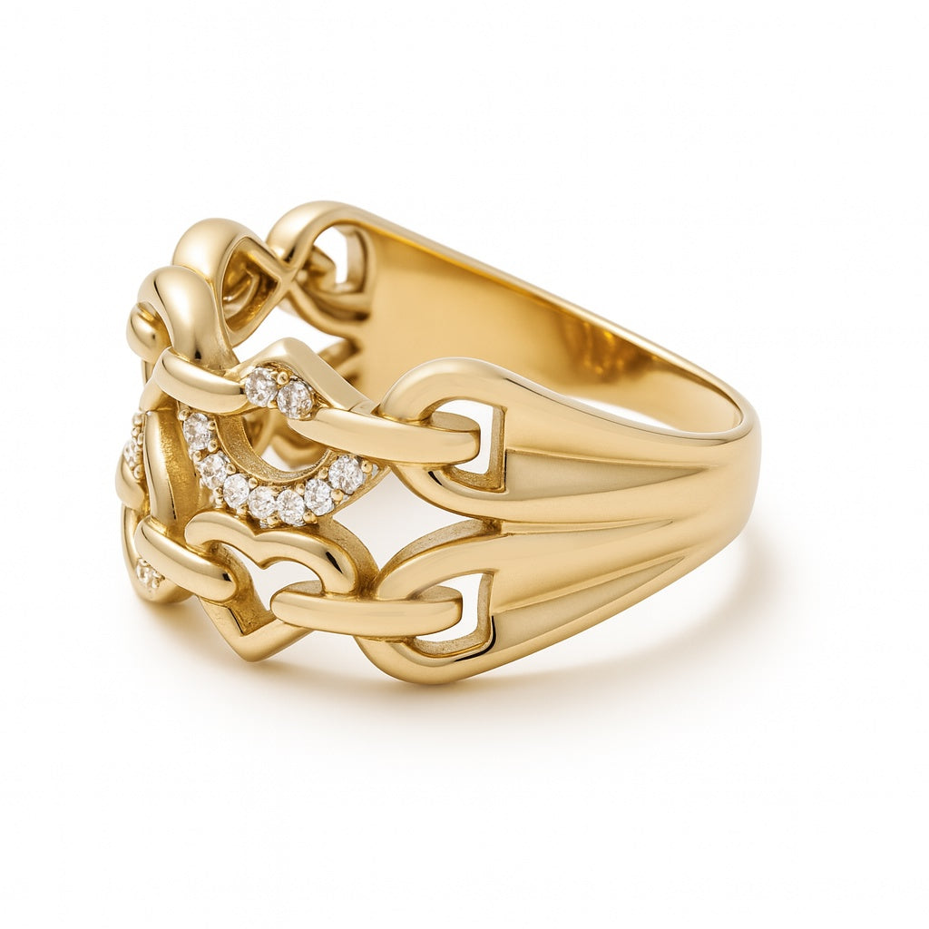 14K Yellow Gold Women's Fashion Hearts Ring with Cz / Size: 7 / Weight: 4.4 GR / DOWR4HR-4