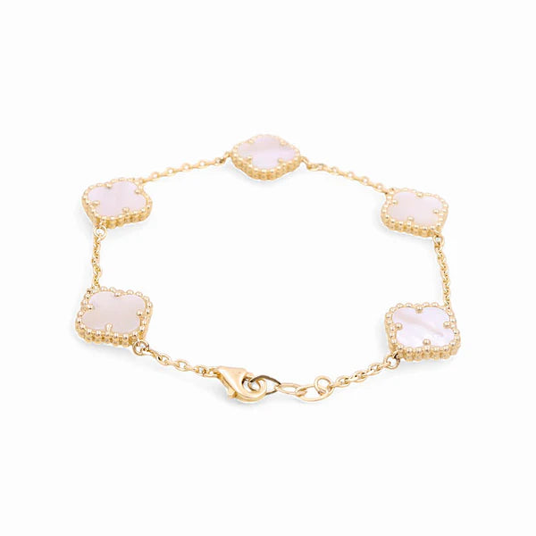 14K Yellow Gold Women's Bracelet with Five Mother of Pearl Clover / Size: 7" / Weight 7.2 GR / BOWB4CLV-6
