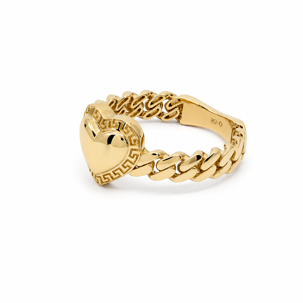 10K Yellow Gold Heart with Greek Women's Ring and Chain Link / Size: s8 / Weight: 2.9 GR / DQWR0HR-32