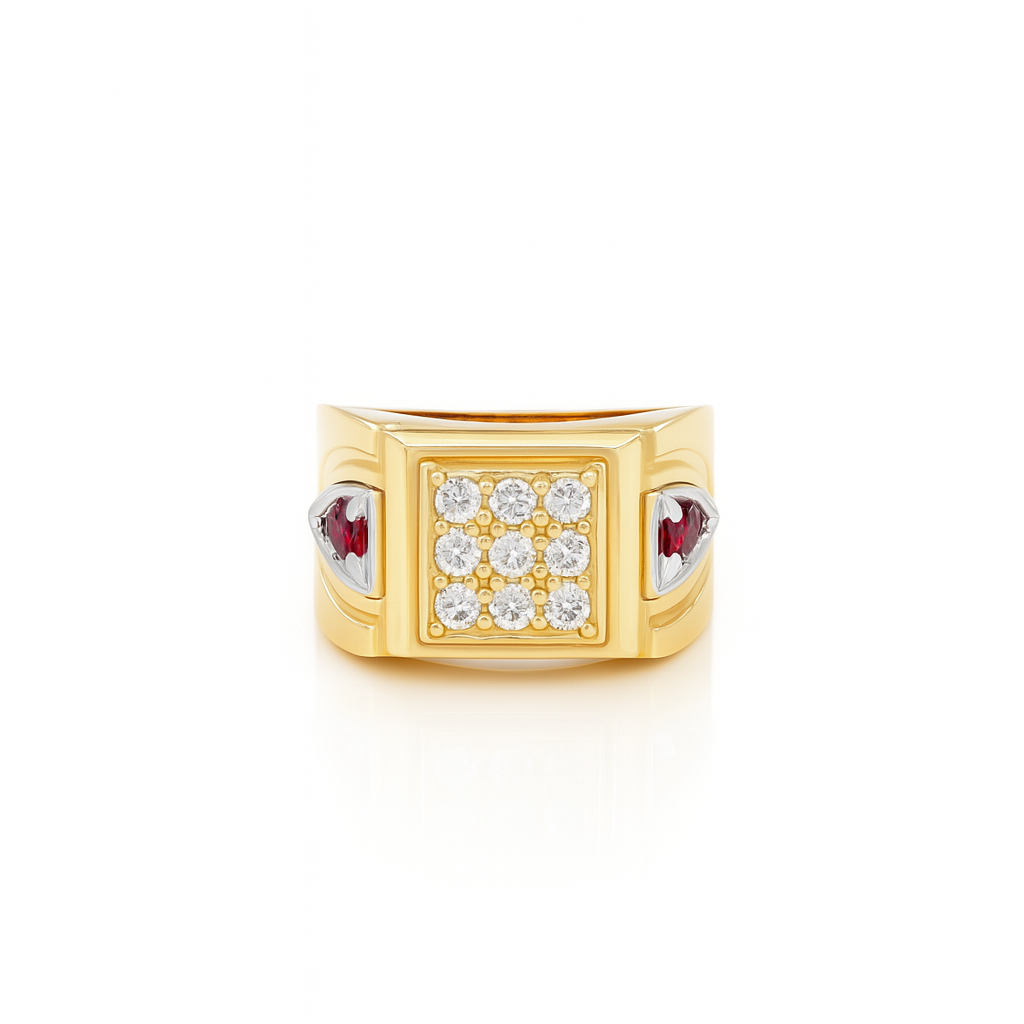 14K Yellow and White Gold Fashion Men's Ring with Red and White Cz / Size: 10 / Weight: 6.2 GR / DQMRTT4FS