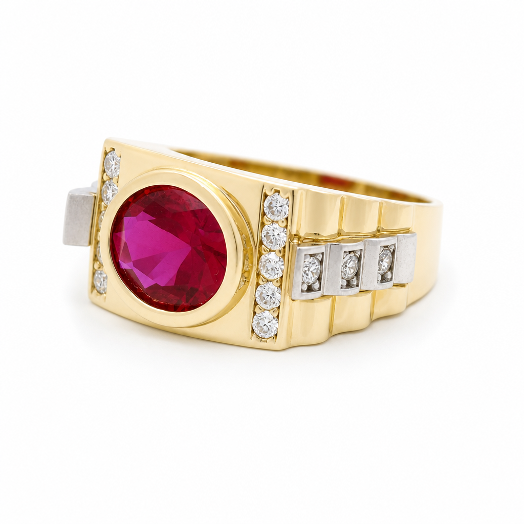 14K Yellow and White Gold Fashion Men’s Ring with Red Cz / Size 10.5 / Weight: 10.3 GR / COMRTT4FS-8