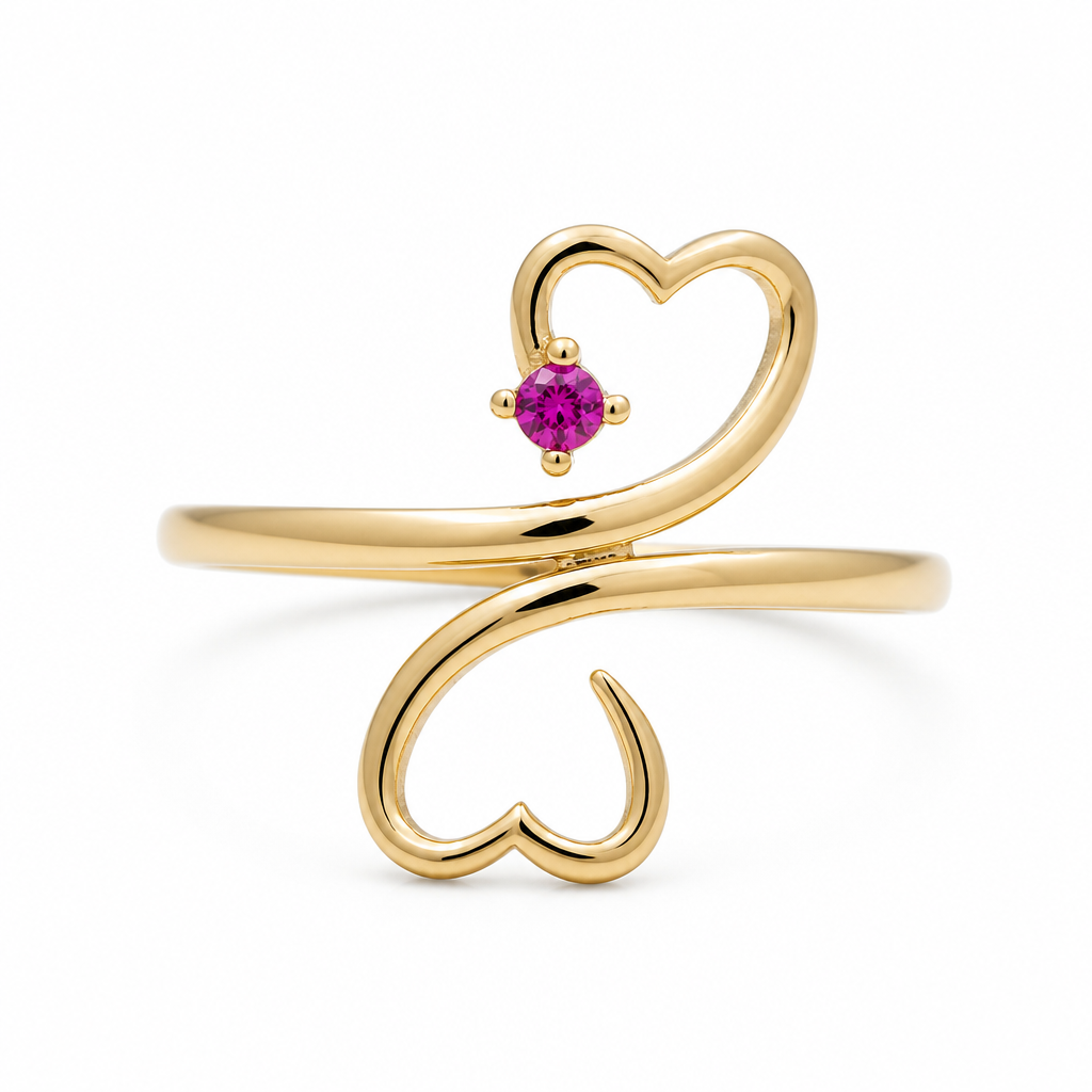 10K Yellow Gold Heart Women's Ring with Red Cz / Size: 8.75 / Weight: 1.8 GR / DQWR0HR-11