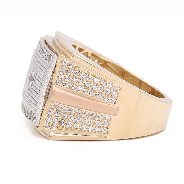 14K Yellow Gold Three Tone Rectangular Mens Ring with Cz / Size 10 / Weight 10.9 GR / COMR4RCT3TCZ