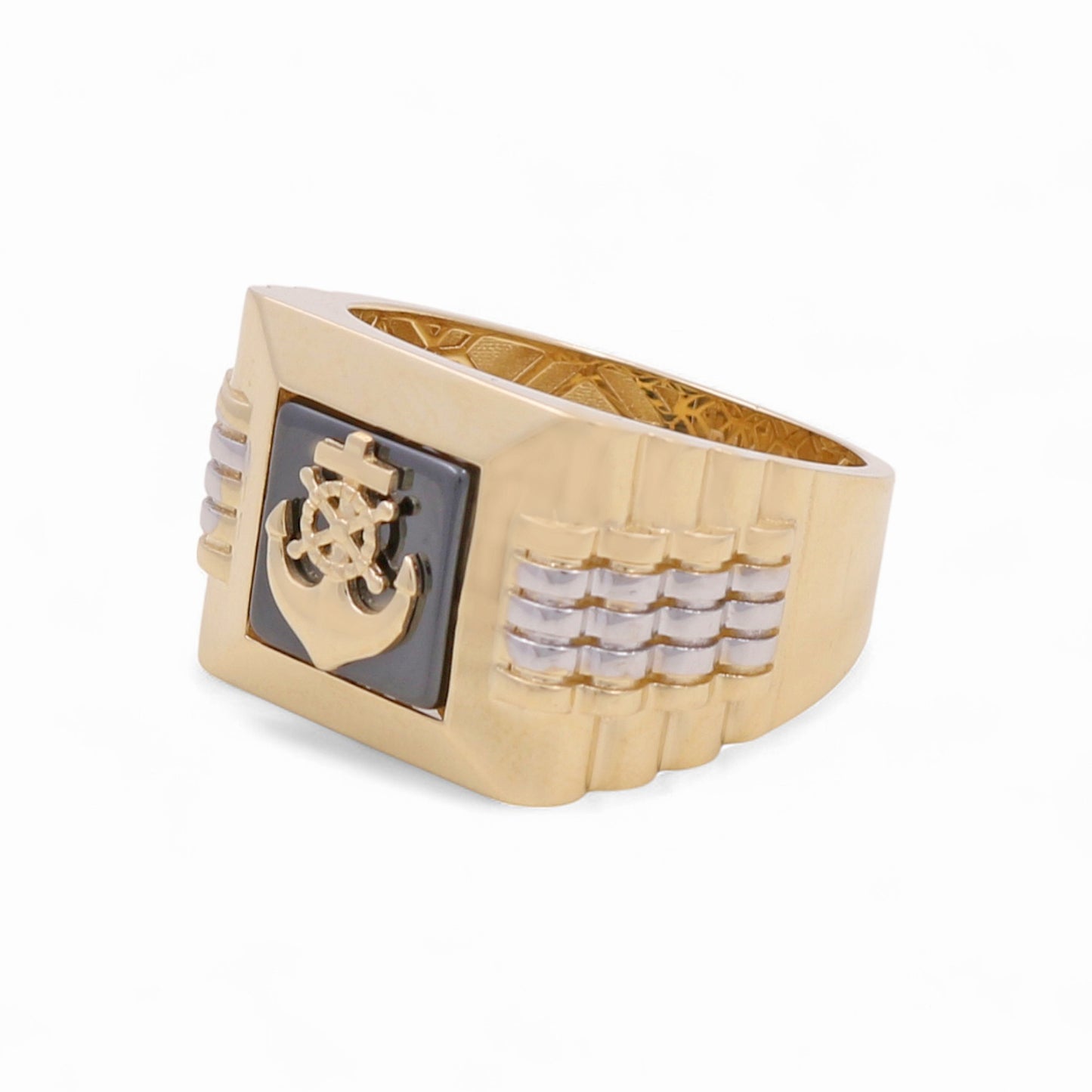 14K Yellow and White Gold Anchor Men’s Ring with Onyx Stone / CZ / Size 11 / Weight: 8 GR / CPMRTT4AN