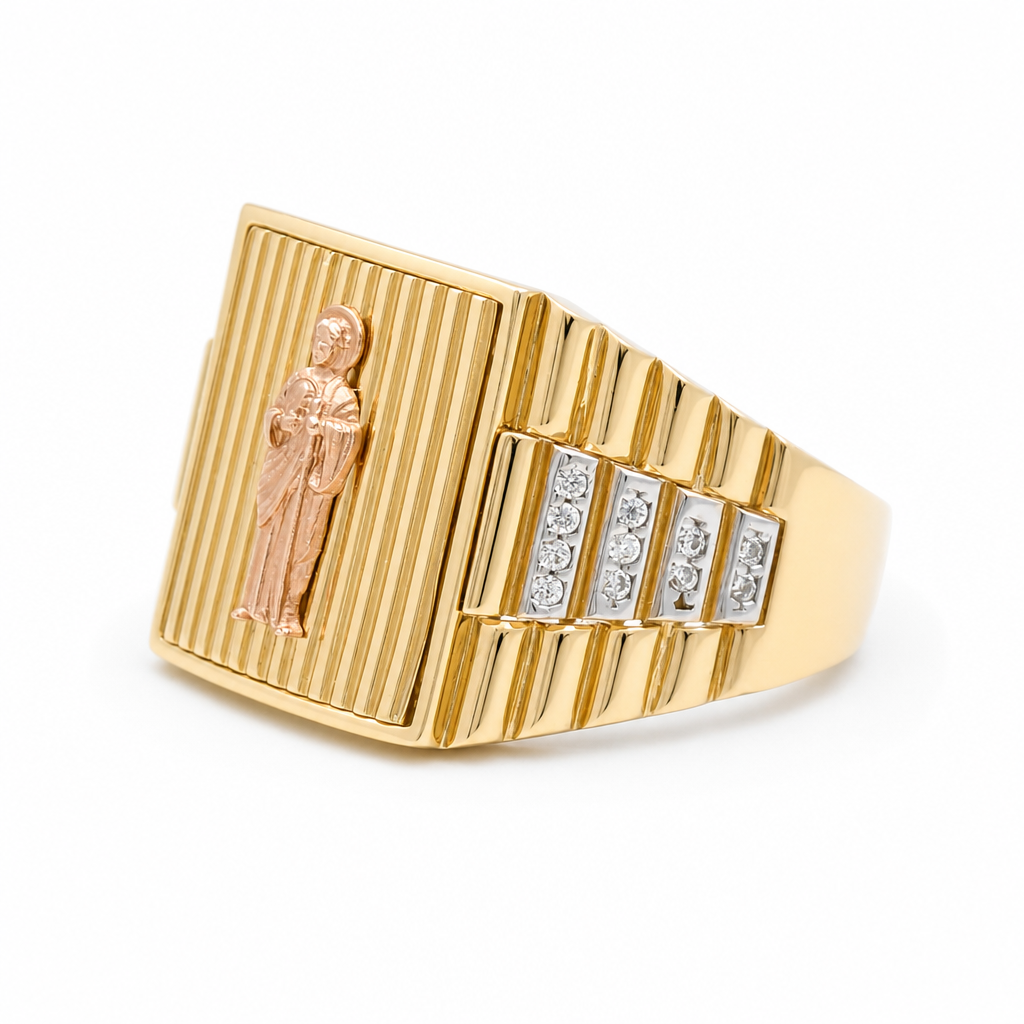 14K Yellow, White and Gold San Judas Men's Ring with Cz / Size: 10 / Weight 9.9 GR / COMR4RCT3TSJCZ