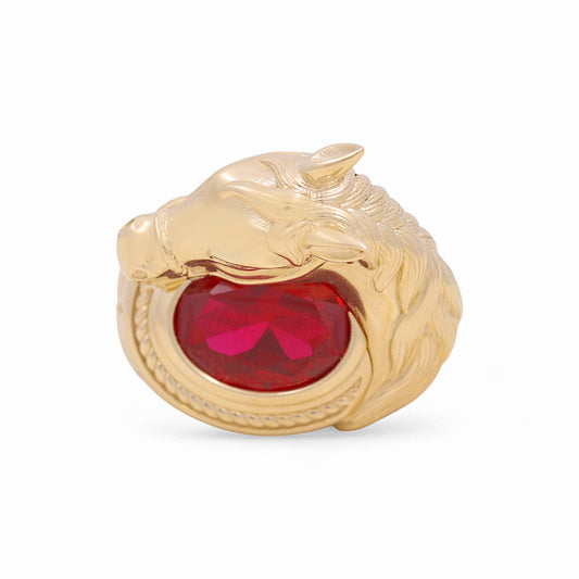 10K Yellow Gold Horse Men's Ring with Red Cz / Size: 10.5 / Weight: 11.2 GR / P04M-1022