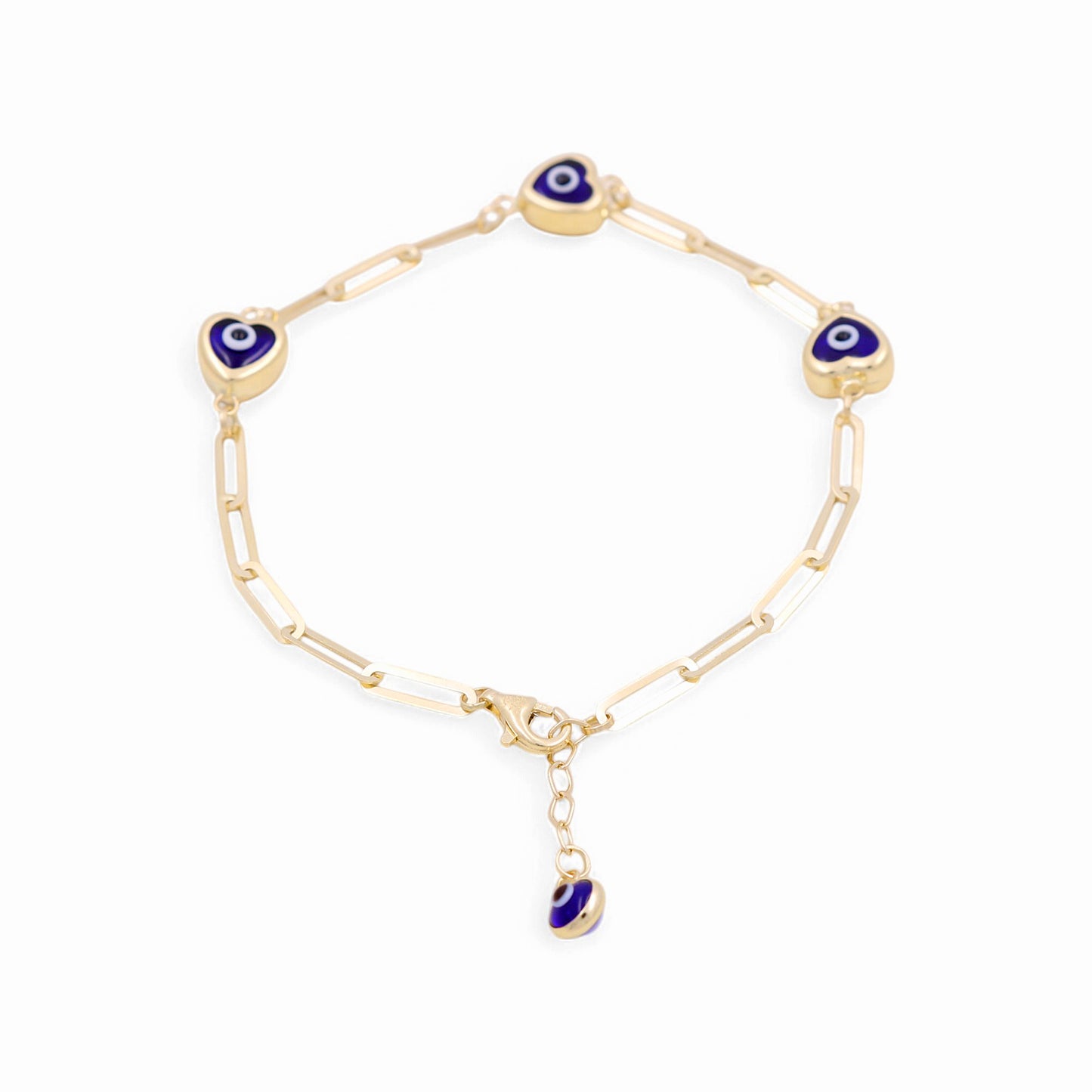 14K Yellow Gold Women's Paperclip Heart with Blue Eye Bracelet / Size: 7.5" / Weight: 3.5 GR / BOWB4PCEY