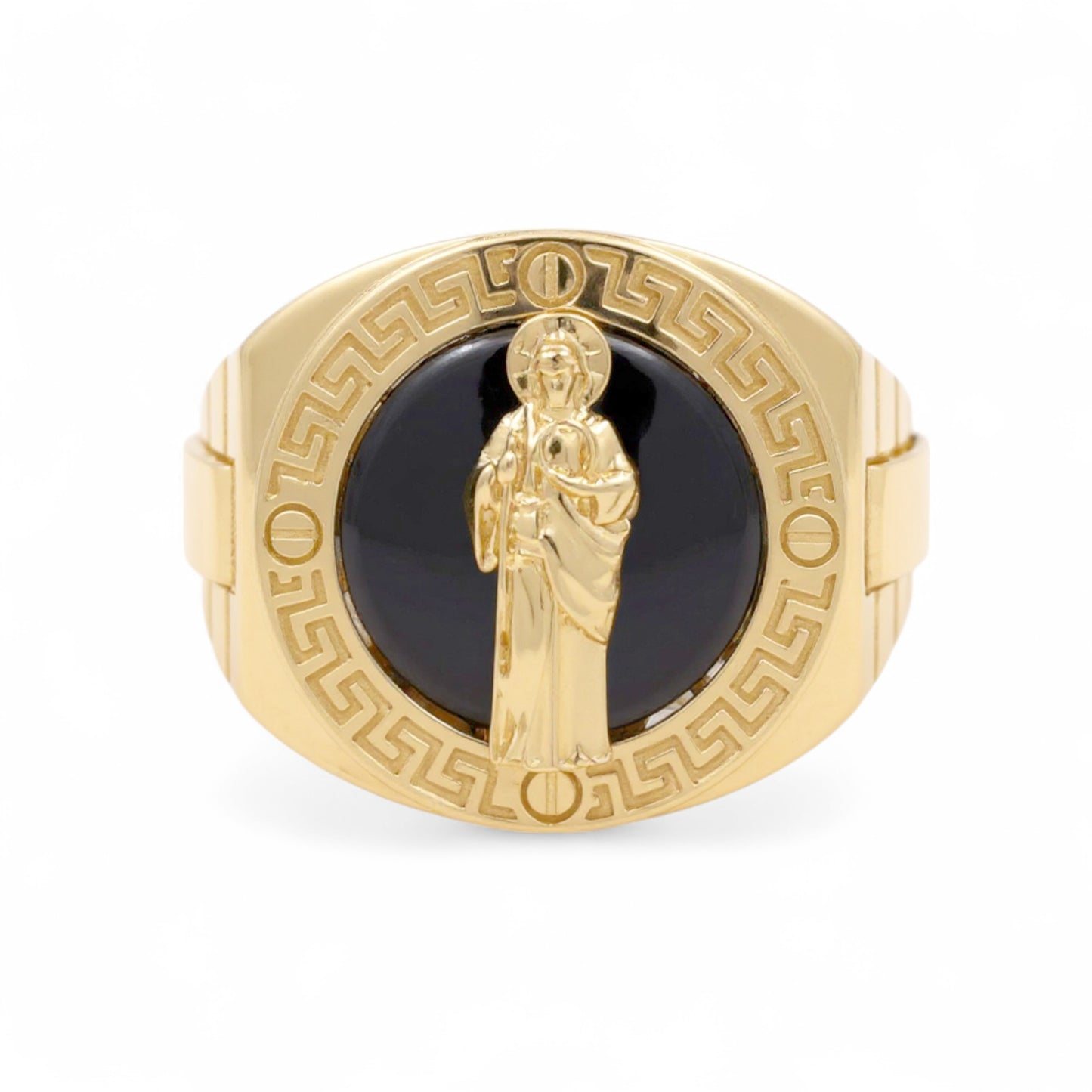 14K Yellow and White Gold San Judas Men's Ring with Greek and Onyx / Size: 12 / Weight: 9.6 GR / CQMRTT4SJ