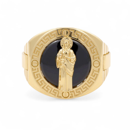 14K Yellow and White Gold San Judas Men's Ring with Greek and Onyx / Size: 12 / Weight: 9.6 GR / CQMRTT4SJ