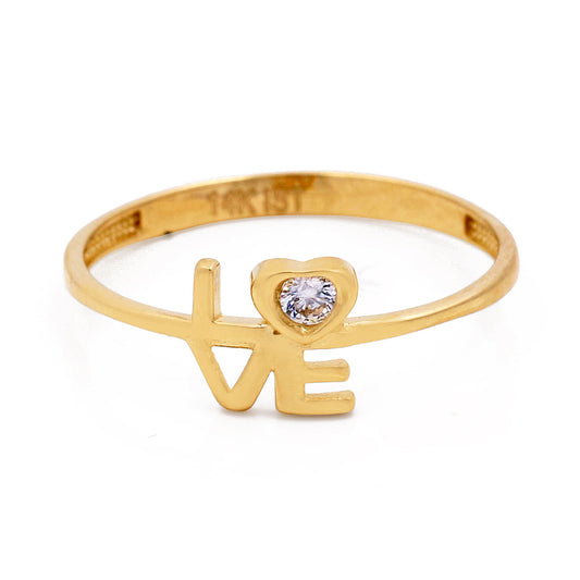 14K Yellow Gold Fashion Love Women's Ring with Cubic Zirconias