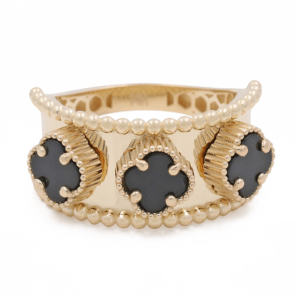 14K Yellow Gold Onyx Flowers Ring