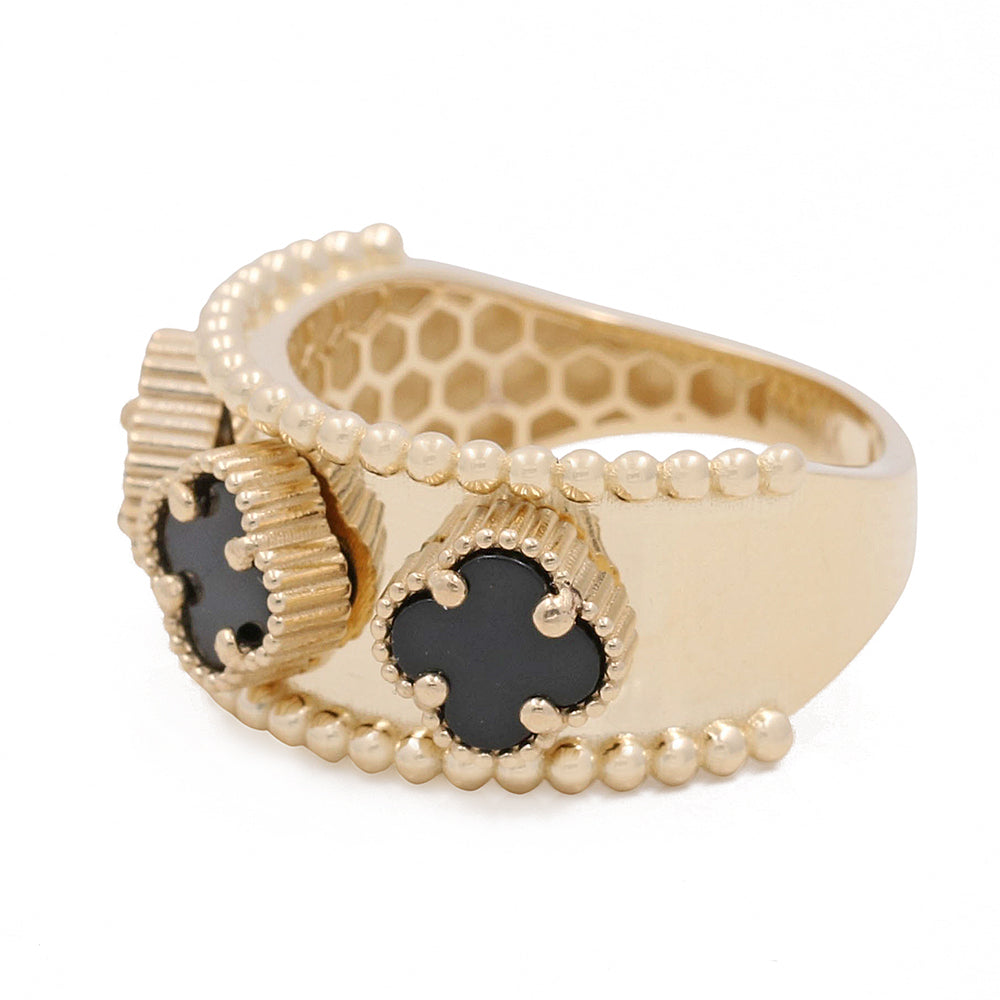 14K Yellow Gold Onyx Flowers Ring