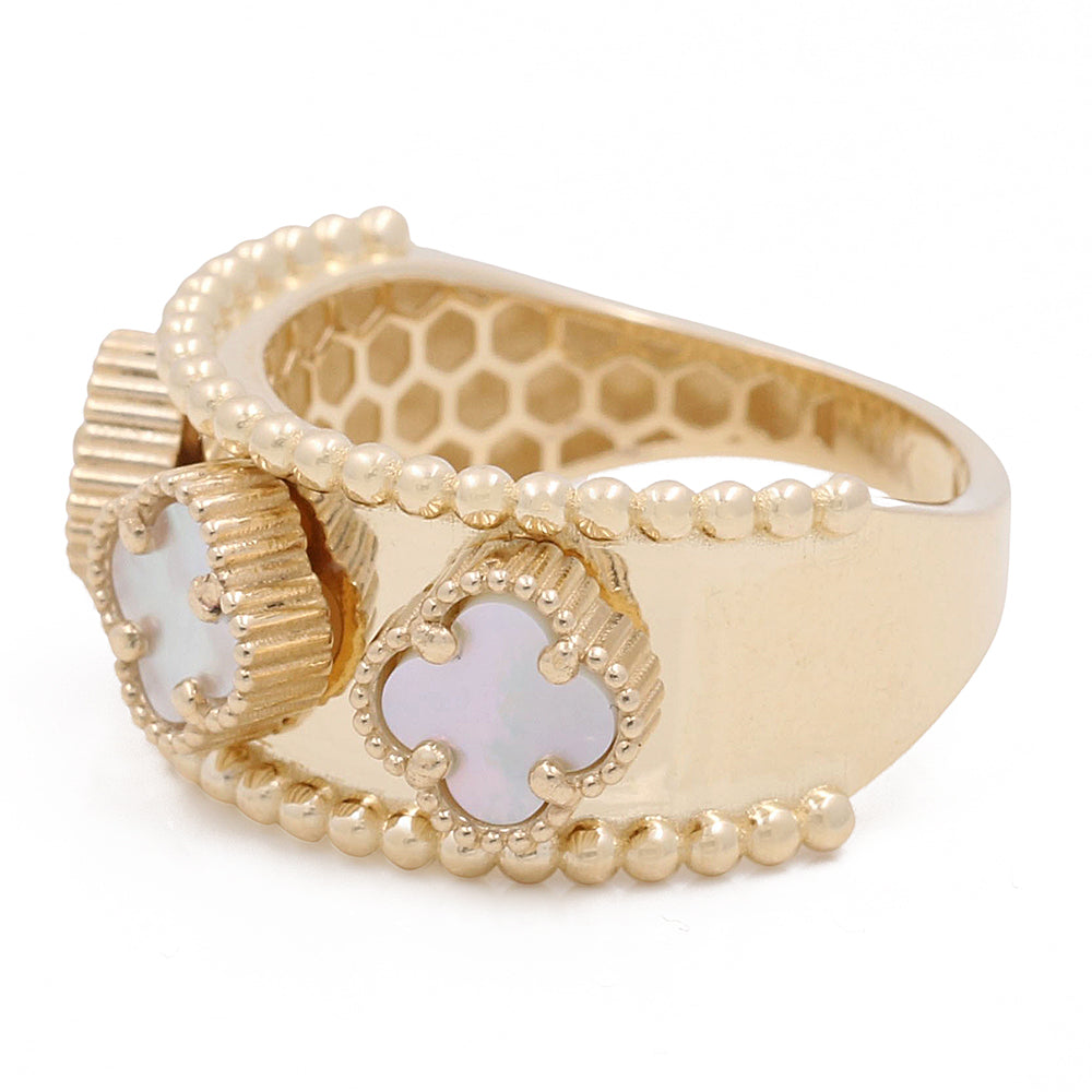 14K Yellow Gold Mother of Pearl Flowers Ring