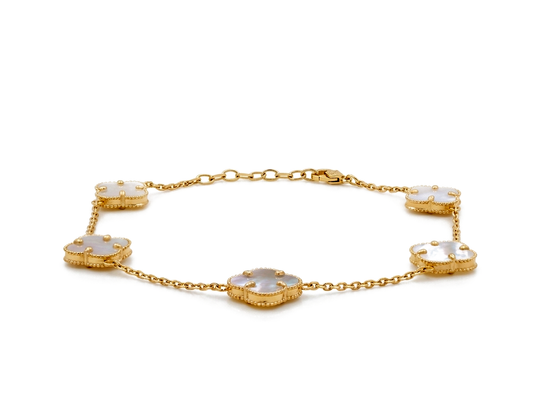 10K Yellow Gold Five mother of Pearl Clover Women's Bracelet / Size: 7.5” 11MM / Weight: 3.9 GR / DQWB0CLV-5