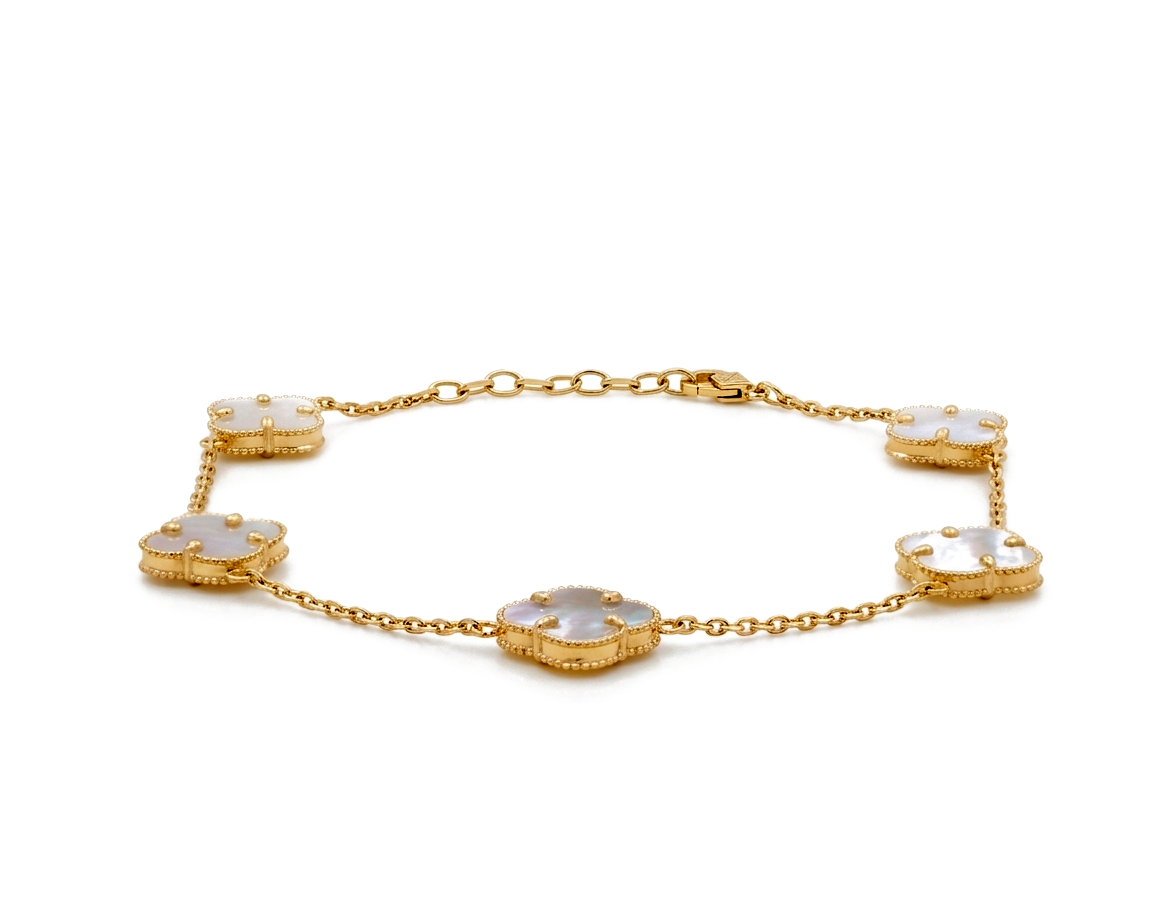 10K Yellow Gold Five mother of Pearl Clover Women's Bracelet / Size: 7.5” 11MM / Weight: 4.3 GR / DQWB0CLV-5