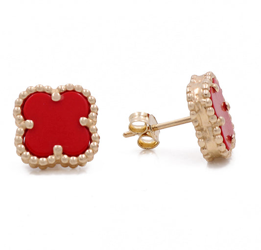 14K Yellow Gold Fashion Flower Red Stone Earrings