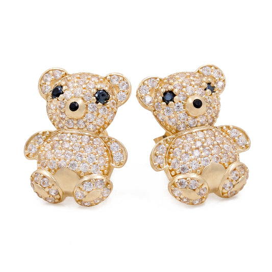 14K Yellow Gold Fashion Women's Bear Earrings with Cubic Zirconias