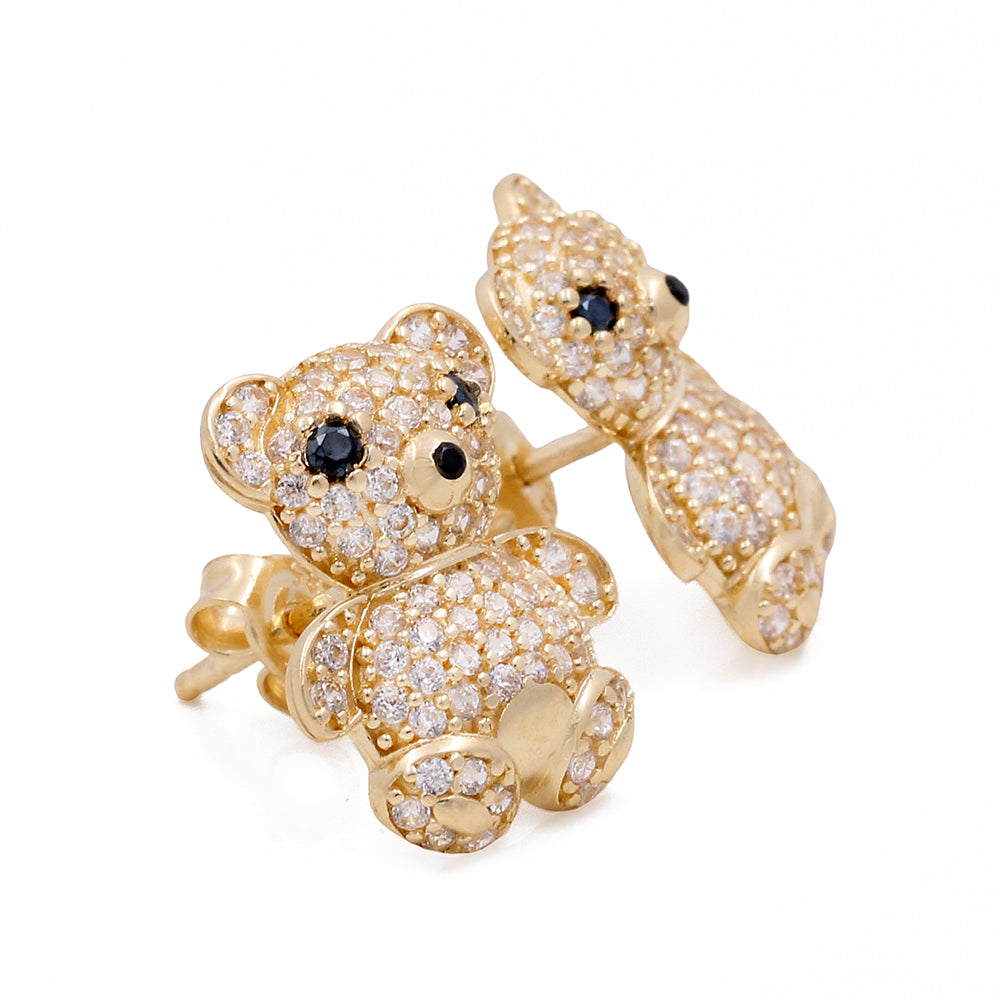 14K Yellow Gold Fashion Women's Bear Earrings with Cubic Zirconias