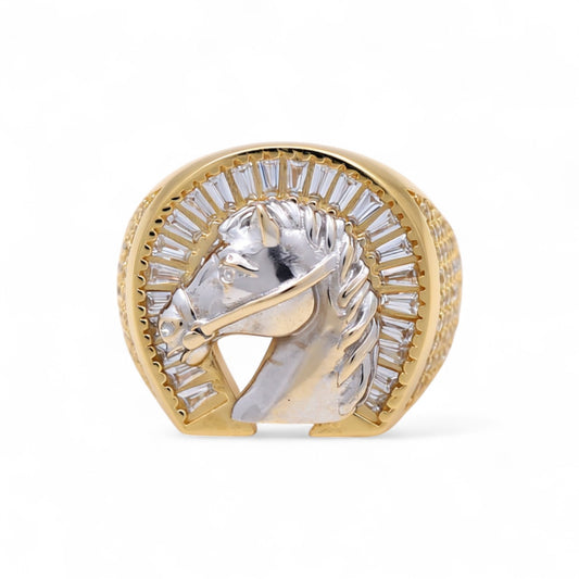 14K Yellow and White Gold Horse Men's Ring with White Cz / Stone: Cz / Size: 10.5 / Weight: 8.3 GR / COMRTT4HR