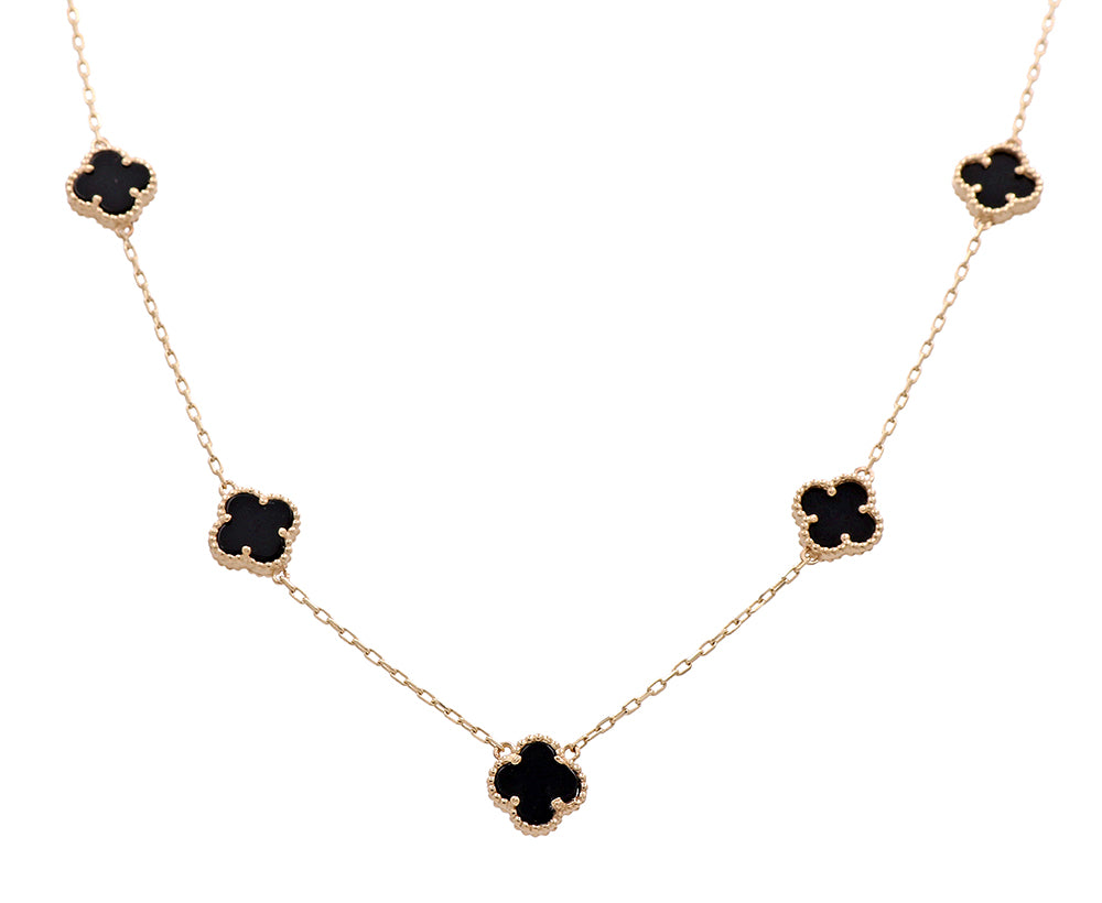 14K Yellow Gold Fashion 5 Onyx Flowers Pendant