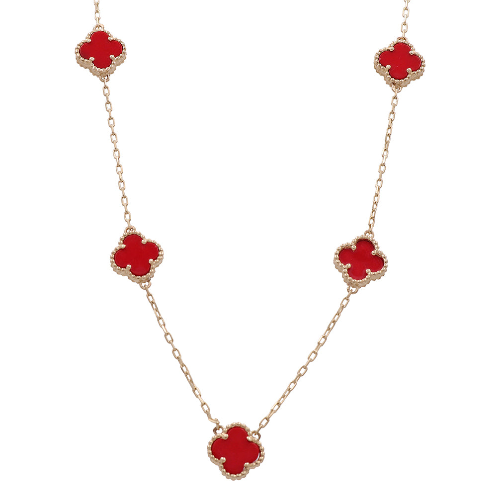 14K Yellow Gold Fashion Flower 5 Red Stone Pendant