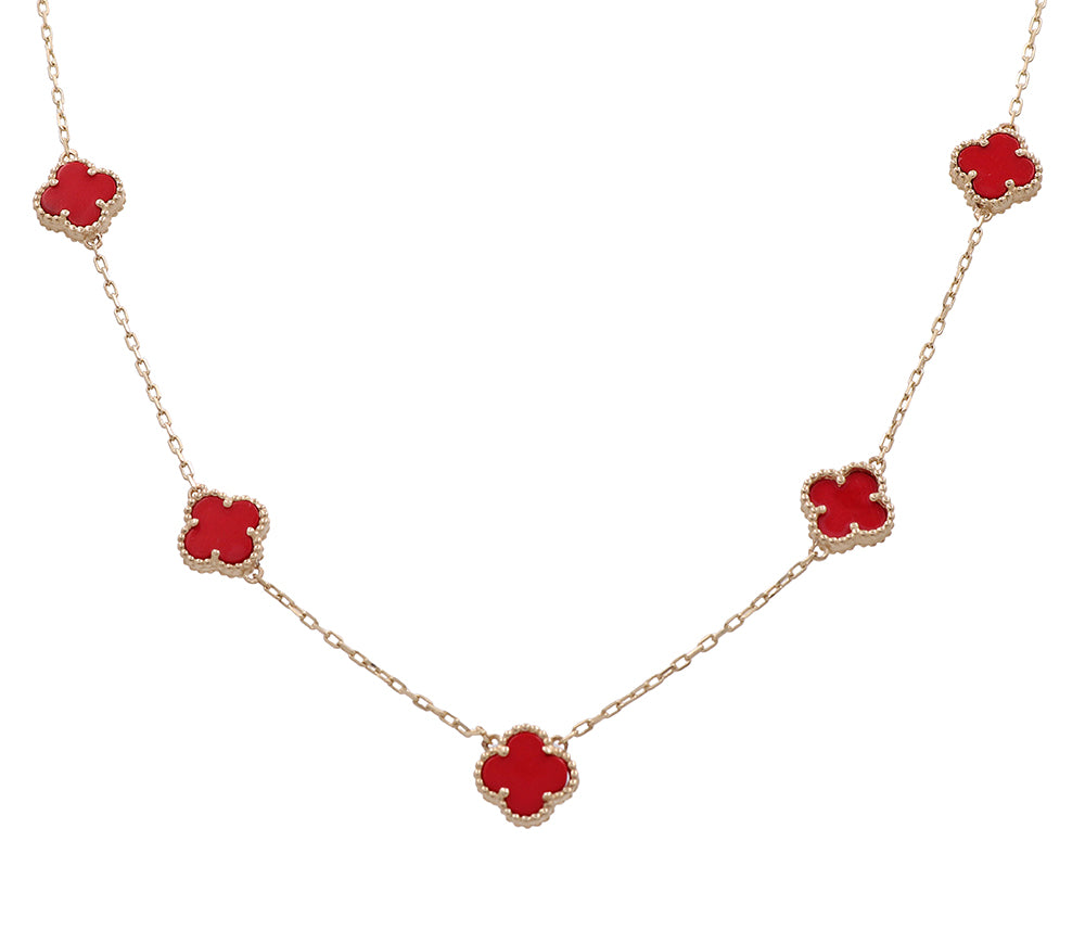 14K Yellow Gold Fashion Flower 5 Red Stone Pendant