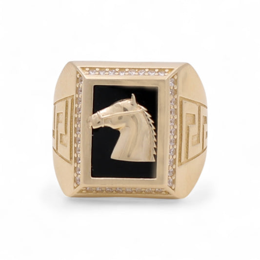 14K Yellow Gold Fashion SQ Horse Men's Ring with Onyx and Greek / Cz / Size: 10 / Weight: 11.9 GR / CQMR4HR
