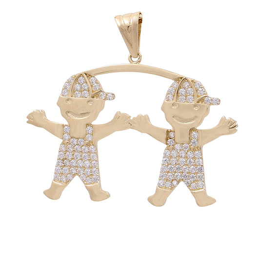 14K Yellow Gold Fashion Twin Children Pendant with Cubic Zirconias