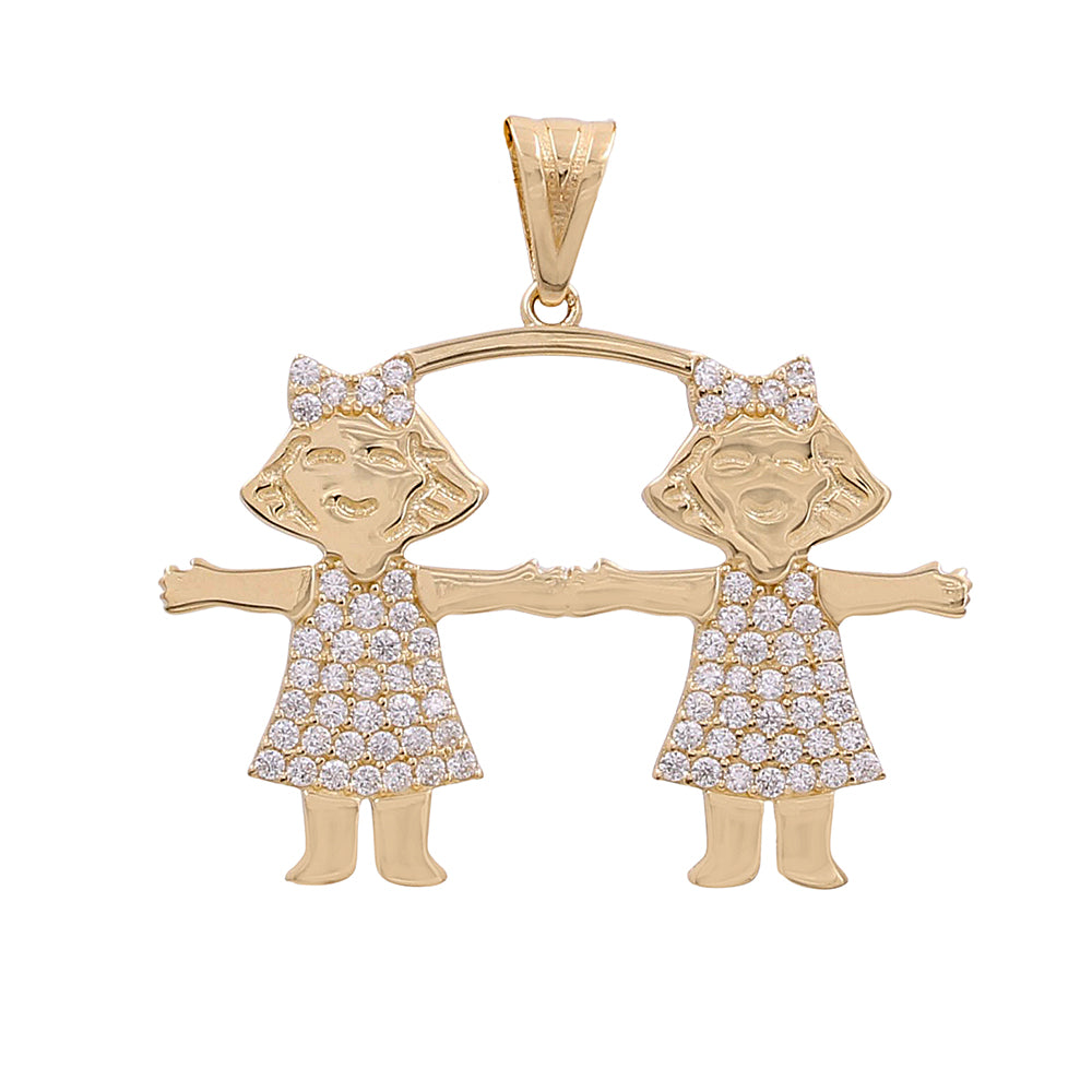 14K Yellow Gold Fashion Twin Children Pendant with Cubic Zirconias