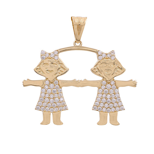 14K Yellow Gold Fashion Twin Children Pendant with Cubic Zirconias