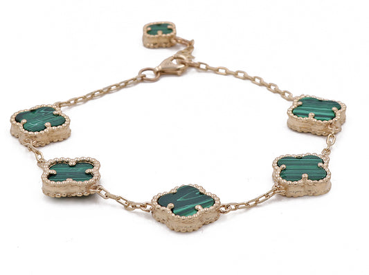 14K Yellow Gold Fashion 5 Flowers Green Stones Bracelet