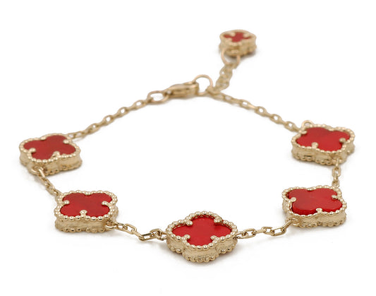 14K Yellow Gold Fashion 5 Flowers Red Stones Bracelet