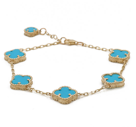 14K Yellow Gold Fashion 5 Flowers Blue Stones Bracelet