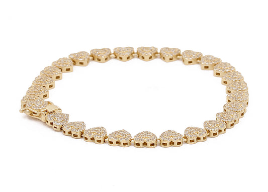 14K Yellow Gold Fashion Hearts Link Bracelet with Cubic Zirconias