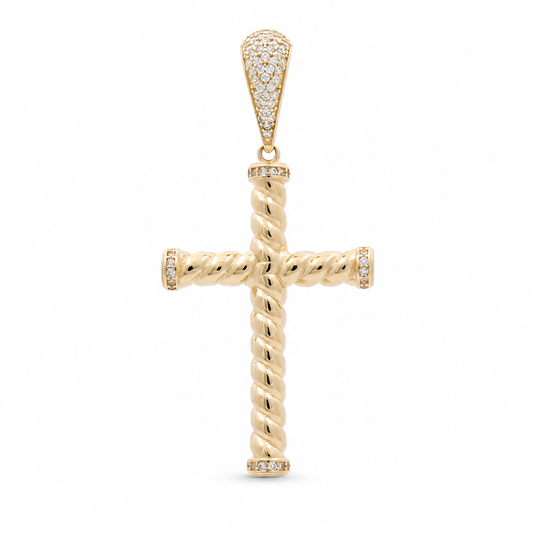 14K Yellow Gold Twist Cross Pendant with Cz / Size: 2.15"x1.05" / Weight: 4.3 GR / 400-01130