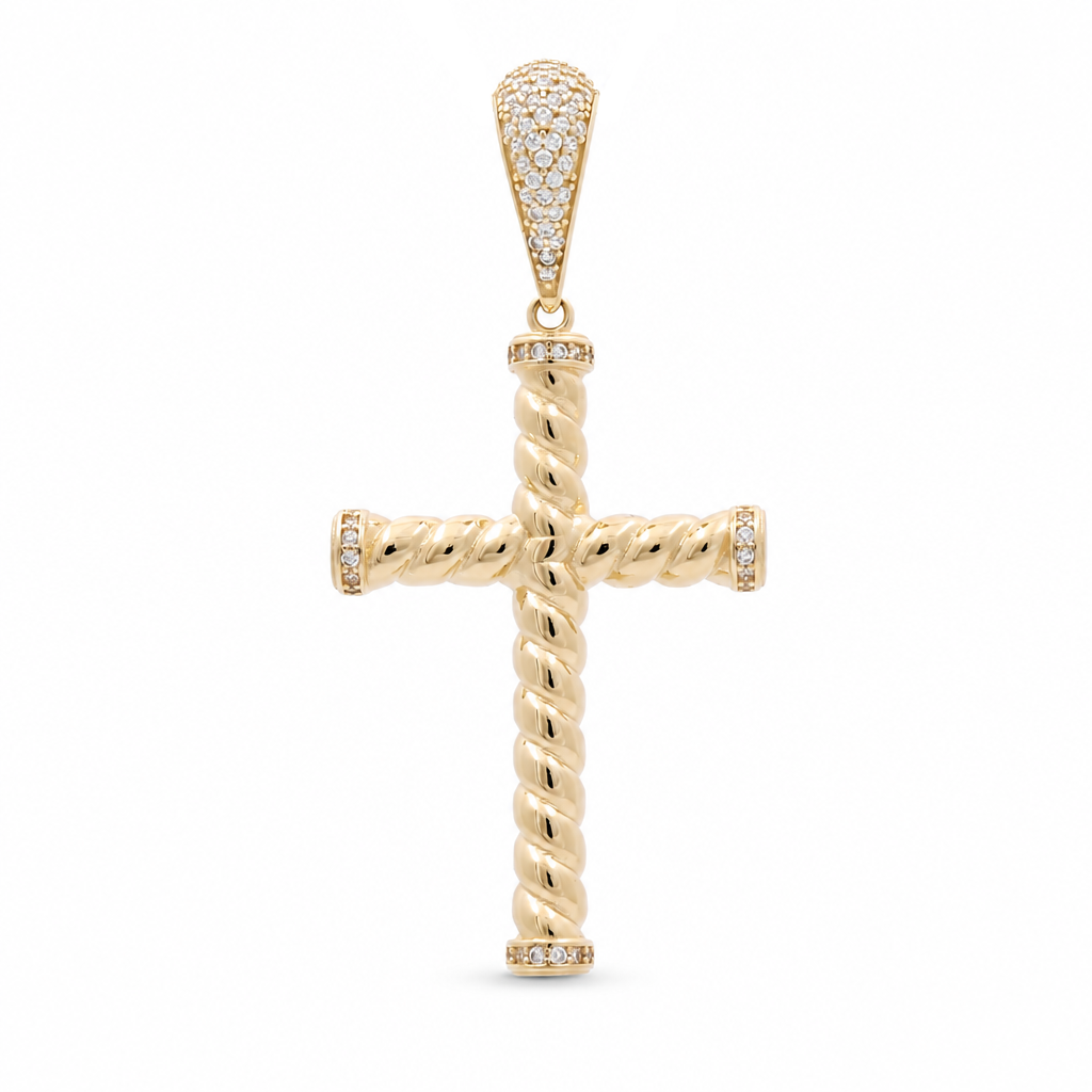 14K Yellow Gold Twist Cross Pendant with Cz / Size: 2.15"x1.05" / Weight: 4.1 GR / 400-01130