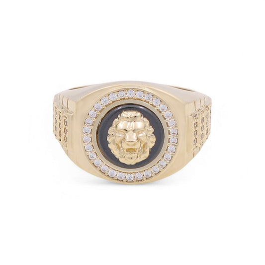 10K Yellow Gold Lion RD Men's Ring with Cz and Onyx / Size: 10 / Weight: 6.6 GR / BPMR0LN