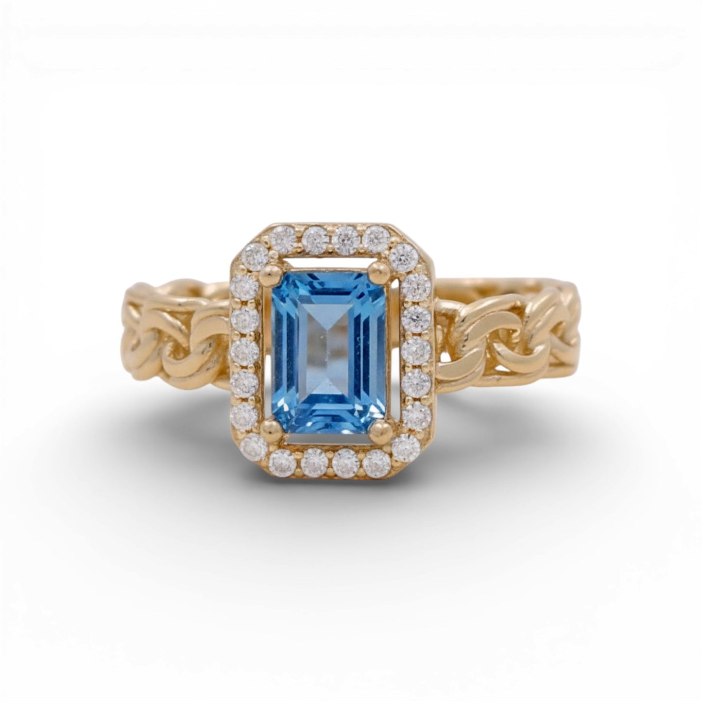 14K Yellow Gold Women's Ring with Chinese Link and Blue Cz / Size: 7.5 / Weight: 3.1 GR / Y24-1166