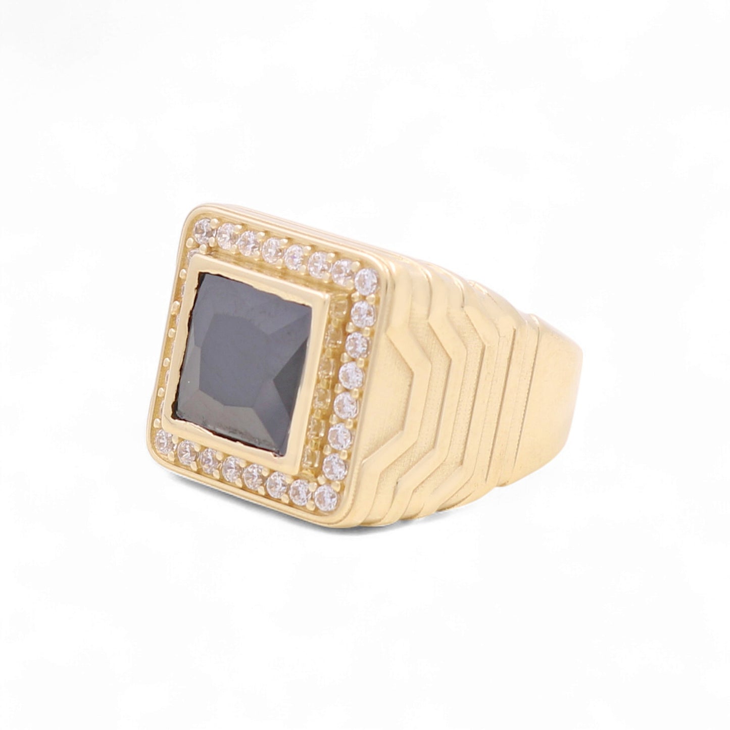14K Yellow Gold Fashion Square Men's Ring with Black Cz / Size 11 / Weight 11.8 GR / BOMR4FS-38