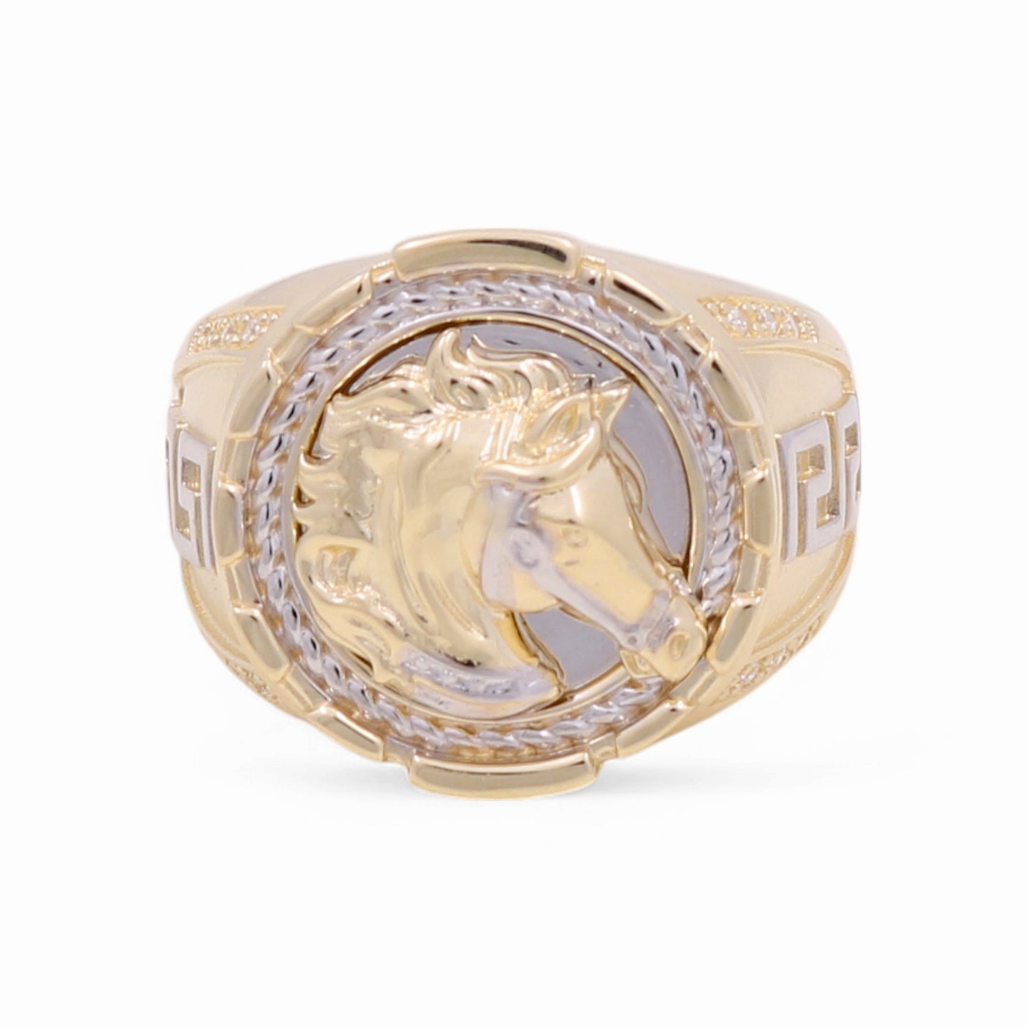 14K Yellow and White Gold Horse Men's Ring with Greek and Cz / Size: 10 / Weight: 12.4 GR / KEEMRTT4HR