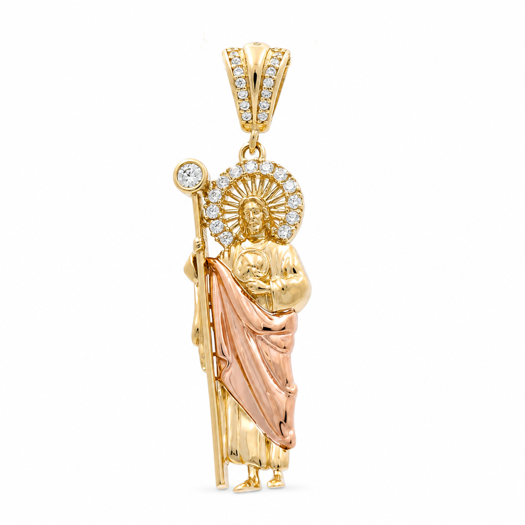 14K Yellow and Rose Gold San Judas Tadeo Pendant with CZ / Size: 40MM / Weight: 4.8gr / DQPDTT4SJ-1