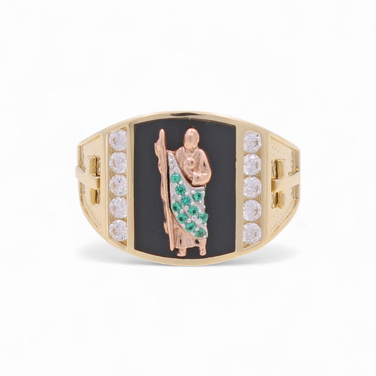14K Yellow and Rose Gold San Judas Men's Ring with Onyx and CZ / Size: 10 / Weight: 7.5 GR / KEEMR4TTSJ-1
