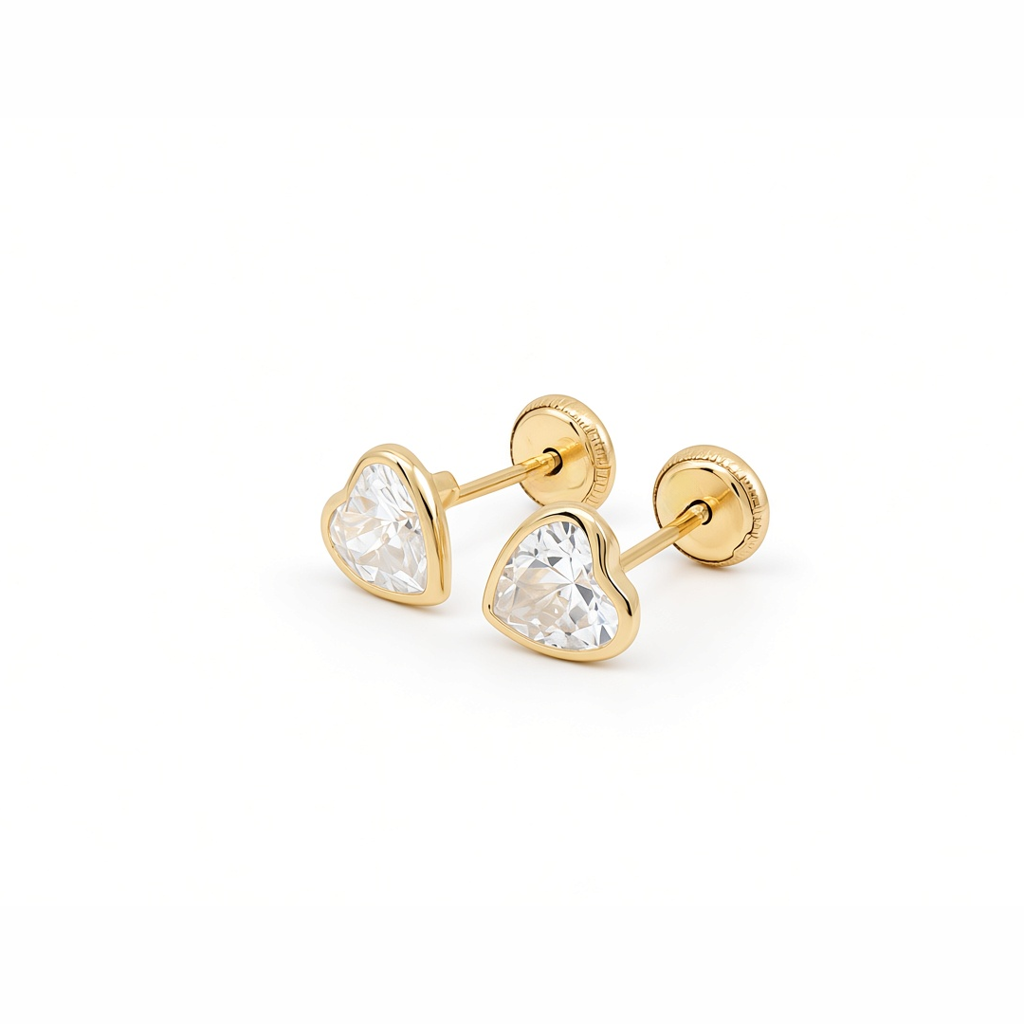14K Yellow Gold Fashion Heart Stud Earrings with Cz Stone / 6-523501PS6