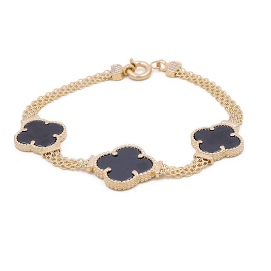 14K Yellow Gold Mesh Bracelet with Black Clover  /Size 4mm 7" / Weight 13.2 GR / COWB4MSCV4-7