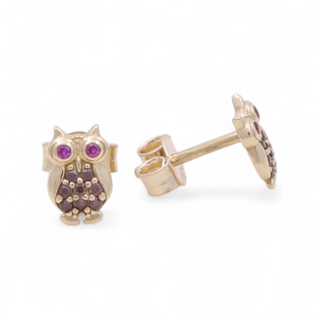 10K Yellow Gold Small Owl Stud Earrings with Cz / Weight: 1GR / CQES0BO