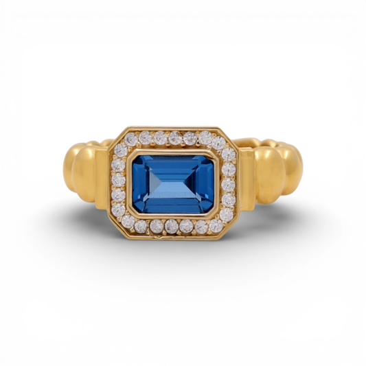 14K Yellow Gold Fashion Women's Ring with Blue Cz / Size: 7.5 / Weight: 3.1GR / YRF-3839