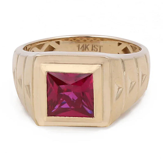 14K Yellow Gold Square Men's Ring with Red Cz / Size 12 / Weight 8 GR / COMR4FS-76