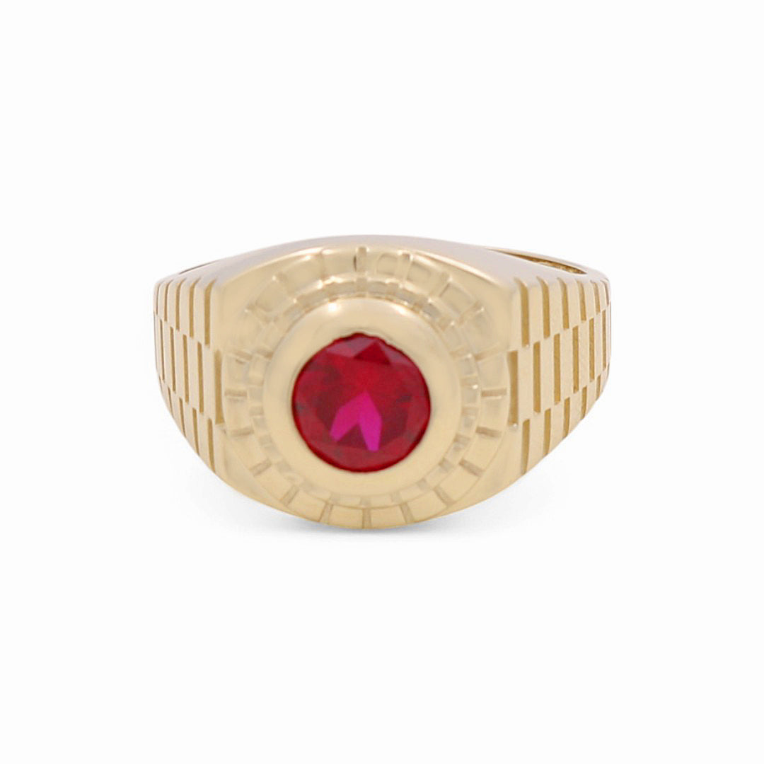 10K Yellow Gold Fashion Men's Ring with Red Cz / Size: 11 / Weight: 4.4 GR / DPMR0FS-3